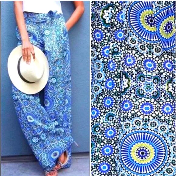 BANANA REPUBLIC Pants 10 Boho‎ Wide Leg Waist Tie Belt Geometric Pattern Pockets - Picture 1 of 14